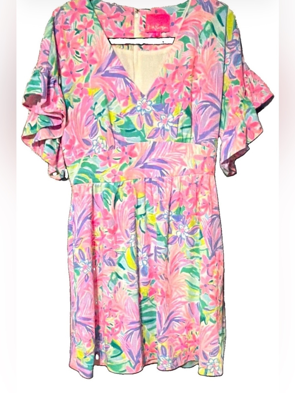 Lilly Pulitzer Size 8 Pink Tropical Floral Fit & Flare Dress Flutter Sleeve